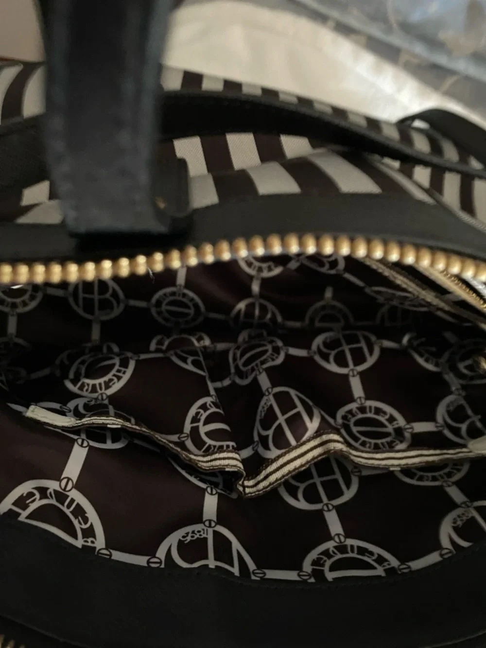 Henri Bendel Black & Cream Striped Satchel with Gold Charm